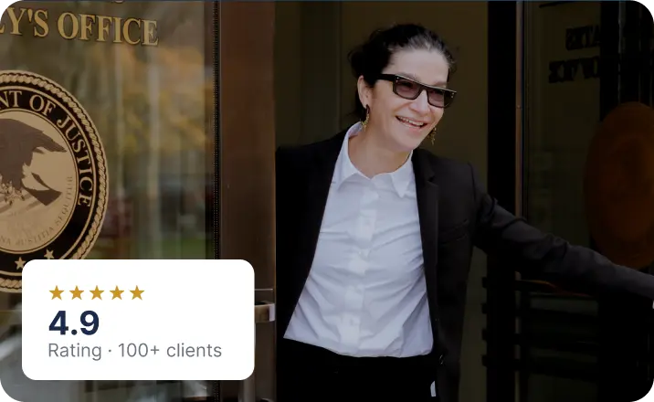 Picture Lina Stillman exiting the United States Attorney's Office, with status of client reviews above the picture. 3