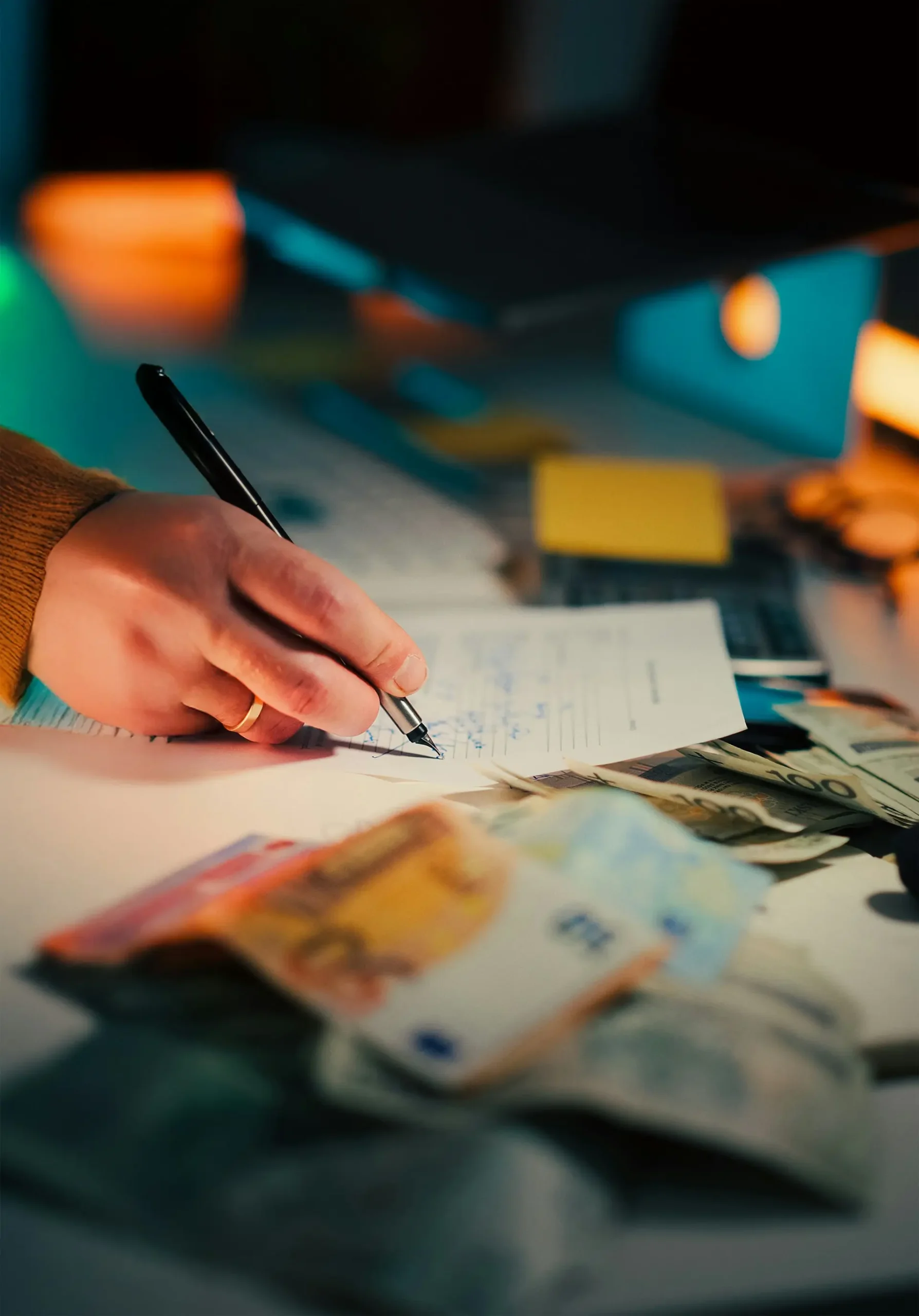 Person writing on a document at a desk with cash and financial paperwork visible, representing wage calculations, compensation, payroll, and pay equity concerns.
