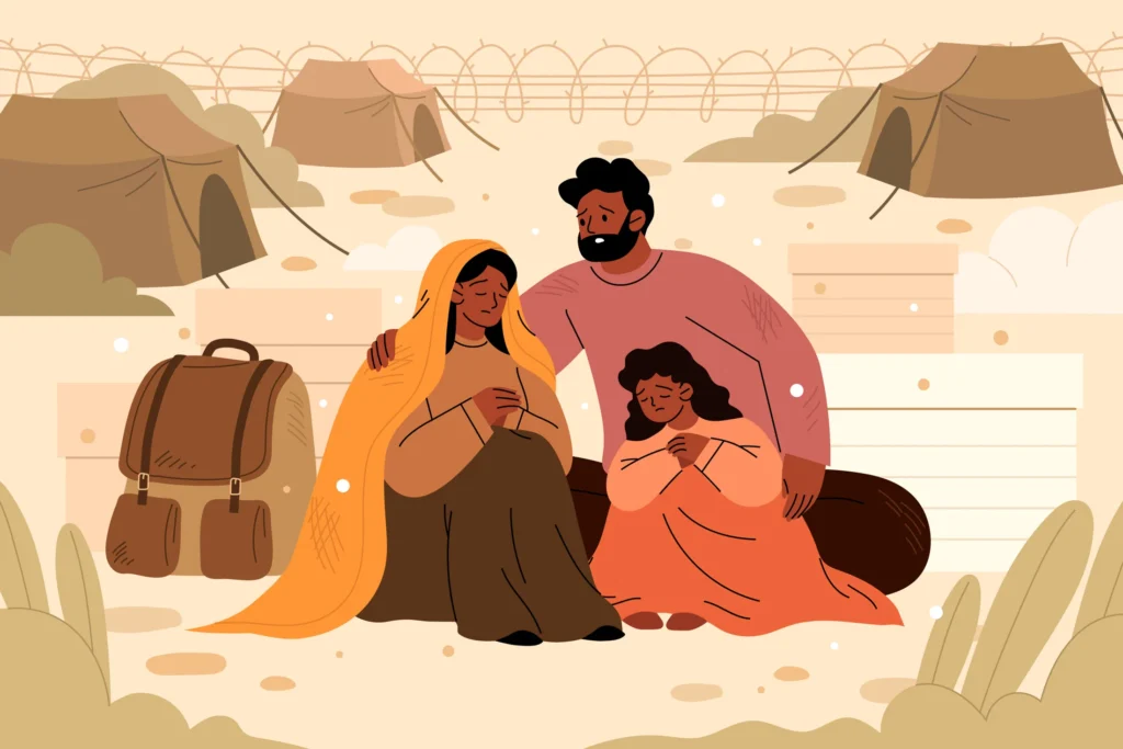 A small family with sad expressions stands beside a suitcase in a refugee tent camp surrounded by barbed-wire fences, illustrating the impact of war and displacement.