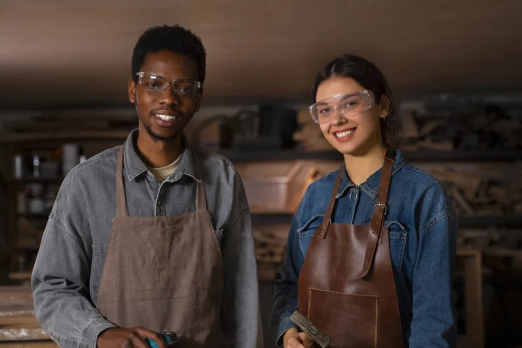 Two employees in a manufacturing facility smiling to the camera.